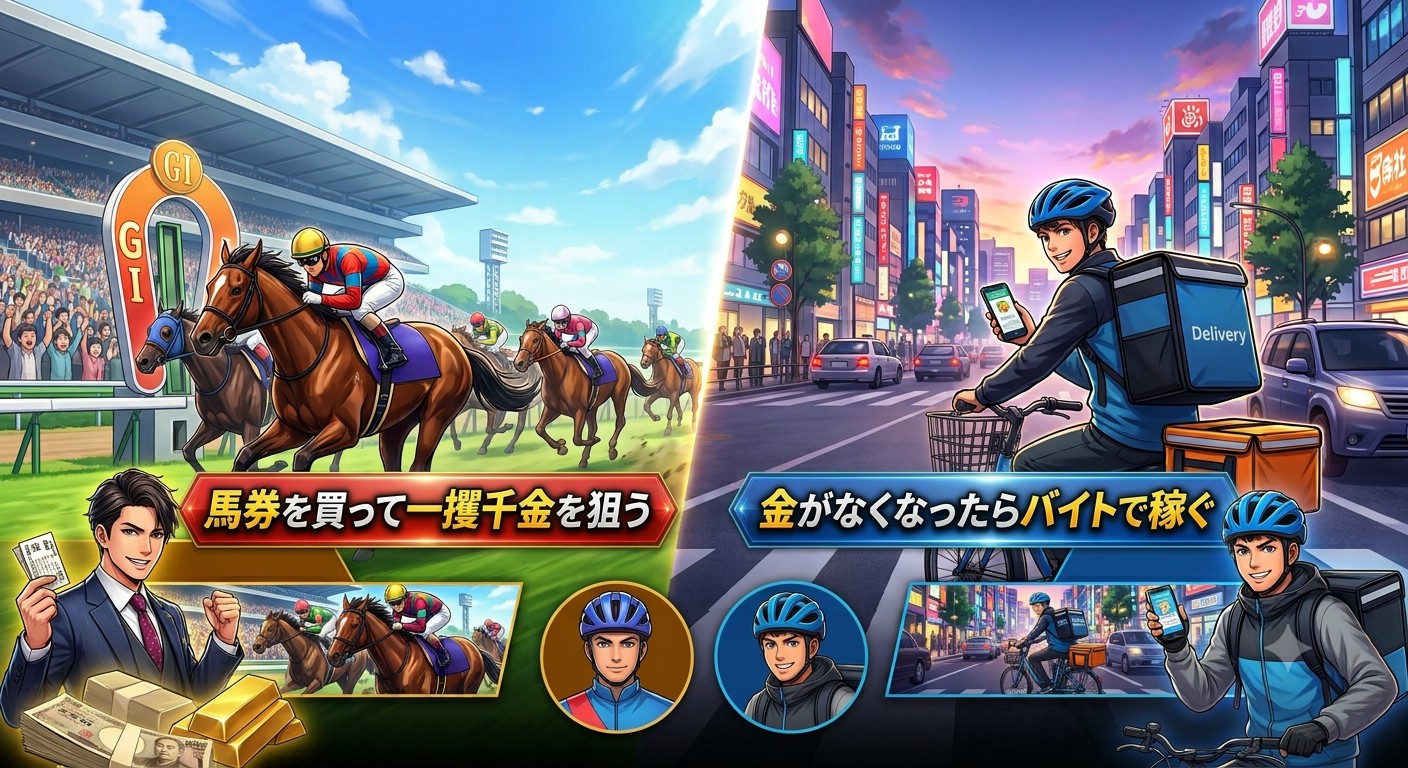 競馬で一攫千金：馬券を買って一攫千金を狙う／金がなくなったらバイトで稼ぐ